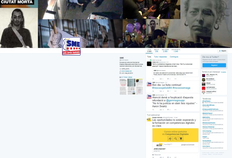 Captura de pantalla de la cuenta de twitter del Sindicato dels Mossos d'Esquadra (SME) que este miércoles ha sido pirateada. Captura de pantalla de la cuenta de twitter del Sindicato dels Mossos d'Esquadra (SME) que este miércoles ha sido pirateada.