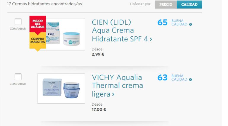 Captura de pantalla del comparador de cremas hidratantes que se puede encontrar en la web de la organización de consumidores OCU Captura de pantalla del comparador de cremas hidratantes que se puede encontrar en la web de la organización de consumidores OCU