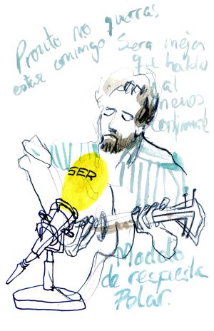 Borja Mompó, vocalista de Modelo de Respuesta Polar, interpretando 'Dos amigos' en el estudio de Fuego y Chinchetas. Borja Mompó, vocalista de Modelo de Respuesta Polar, interpretando 'Dos amigos' en el estudio de Fuego y Chinchetas.