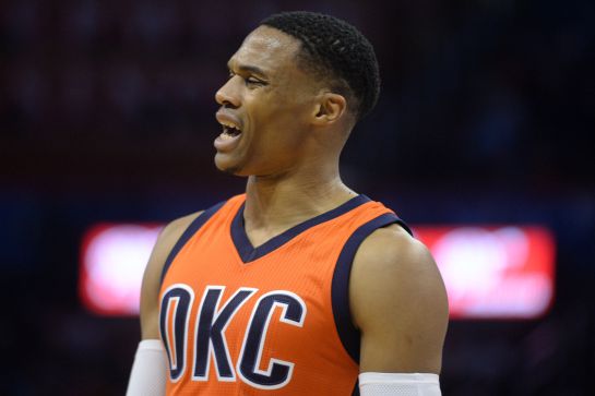 Nov 20, 2016; Oklahoma City, OK, USA; Oklahoma City Thunder guard Russell Westbrook (0) reacts after a play against the Indiana Pacers during the second quarter at Chesapeake Energy Arena. Mandatory Credit: Mark D. Smith-USA TODAY Sports Nov 20, 2016; Oklahoma City, OK, USA; Oklahoma City Thunder guard Russell Westbrook (0) reacts after a play against the Indiana Pacers during the second quarter at Chesapeake Energy Arena. Mandatory Credit: Mark D. Smith-USA TODAY Sports