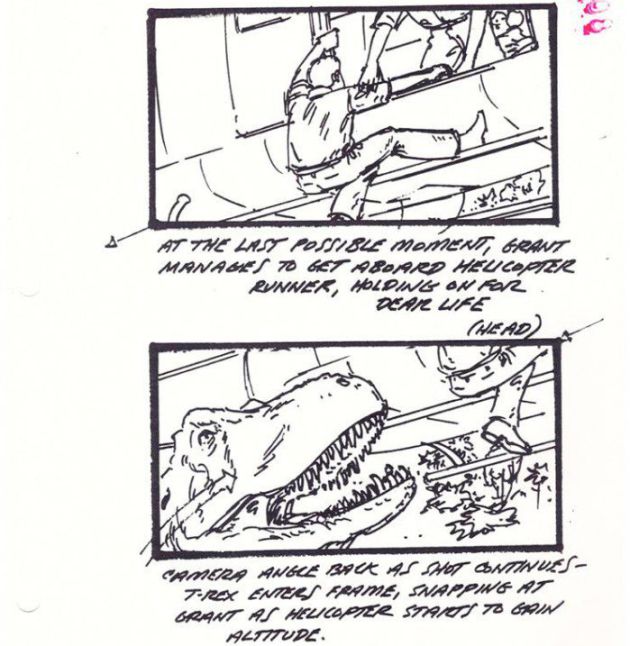El T-Rex apunto de alcanzar a Grant. El T-Rex apunto de alcanzar a Grant.