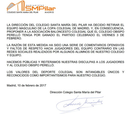 Imagen de la carta oficial del Colegio Santa María del Pilar en la que renuncia a competir en la Copa Colegial de Madrid. Imagen de la carta oficial del Colegio Santa María del Pilar en la que renuncia a competir en la Copa Colegial de Madrid.
