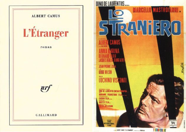 Primera portada de 'El extranjero' de Camus publicada en 1942. A la derecha, cartel original de la película de Visconti estrenada en 1967 Primera portada de 'El extranjero' de Camus publicada en 1942. A la derecha, cartel original de la película de Visconti estrenada en 1967