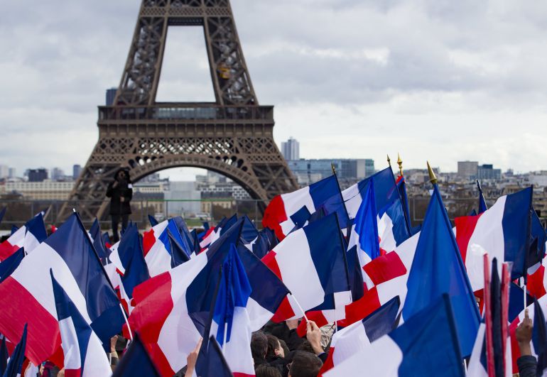 Republicains' party candidate for the 2017 French presidential elections, Francois Fillon wave flags during a meeting organized to support him on the Place du Trocadero in P Supporters of 'Les aris, France, 05 March 2017. For the past few days, the candidate has seen most of his supporters leaving as he is under justice scrutiny. France holds the first round of the 2017 presidential elections on 23 April 2017. Republicains' party candidate for the 2017 French presidential elections, Francois Fillon wave flags during a meeting organized to support him on the Place du Trocadero in P Supporters of 'Les aris, France, 05 March 2017. For the past few days, the candidate has seen most of his supporters leaving as he is under justice scrutiny. France holds the first round of the 2017 presidential elections on 23 April 2017.