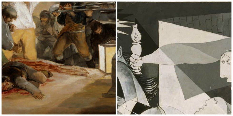 Izq: Detalle de 'El 3 de Mayo de 1808 en Madrid: los fusilamientos de patriotas madrileños'. Francisco de Goya, 1814. Museo del Prado / Dcha: Detalle de 'Guernica', 1937. Museo Nacional Centro de Arte Reina Sofía Izq: Detalle de 'El 3 de Mayo de 1808 en Madrid: los fusilamientos de patriotas madrileños'. Francisco de Goya, 1814. Museo del Prado / Dcha: Detalle de 'Guernica', 1937. Museo Nacional Centro de Arte Reina Sofía