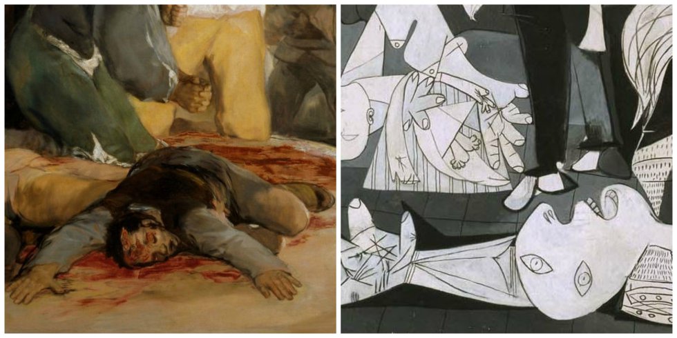 Izq: Detalle de 'El 3 de Mayo de 1808 en Madrid: los fusilamientos de patriotas madrileños'. Francisco de Goya, 1814. Museo del Prado. / Dcha: Detalle de 'Guernica', 1937. Museo Nacional Centro de Arte Reina Sofía Izq: Detalle de 'El 3 de Mayo de 1808 en Madrid: los fusilamientos de patriotas madrileños'. Francisco de Goya, 1814. Museo del Prado. / Dcha: Detalle de 'Guernica', 1937. Museo Nacional Centro de Arte Reina Sofía