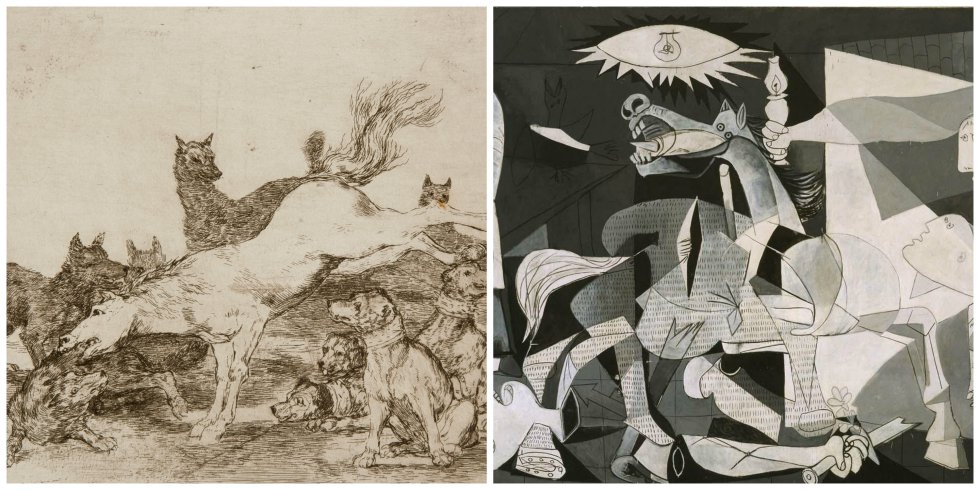 Izq: 'Desastre 68: Se defiende bien'. Francisco de Goya, 1810-1815. Real Academia de las Artes de San Fernando. / Dcha: Detalle de 'Guernica', 1937. Museo Nacional Centro de Arte Reina Sofía Izq: 'Desastre 68: Se defiende bien'. Francisco de Goya, 1810-1815. Real Academia de las Artes de San Fernando. / Dcha: Detalle de 'Guernica', 1937. Museo Nacional Centro de Arte Reina Sofía