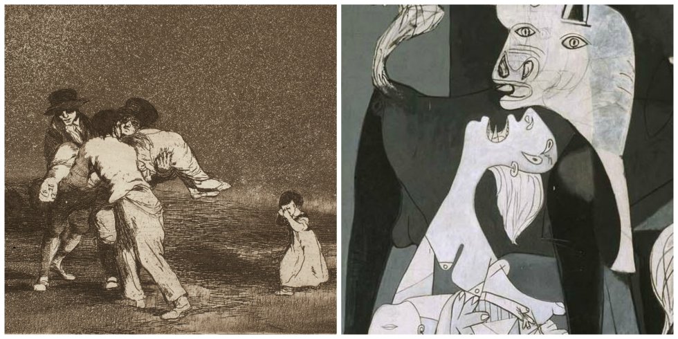 Izq: 'Desastre 50: Madre infeliz'. Francisco de Goya, 1810-1815. Real Academia de las Artes de San Fernando. / Dcha: Detalle de 'Guernica', 1937. Museo Nacional Centro de Arte Reina Sofía Izq: 'Desastre 50: Madre infeliz'. Francisco de Goya, 1810-1815. Real Academia de las Artes de San Fernando. / Dcha: Detalle de 'Guernica', 1937. Museo Nacional Centro de Arte Reina Sofía