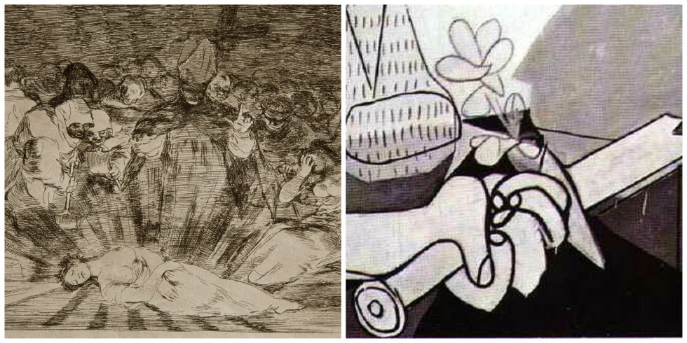Izq: 'Desastre 79: Murió la verdad' Francisco de Goya, 1810-1815. Real Academia de las Artes de San Fernando / Dcha: Detalle de 'Guernica', 1937. Museo Nacional Centro de Arte Reina Sofía Izq: 'Desastre 79: Murió la verdad' Francisco de Goya, 1810-1815. Real Academia de las Artes de San Fernando / Dcha: Detalle de 'Guernica', 1937. Museo Nacional Centro de Arte Reina Sofía