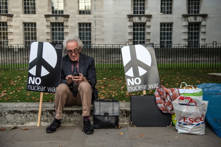 A Stop the War protester demonstrates against the threat of nuclear war in North East Asia, near Downing Street on September 28, 2017 in London, England. The group is urging the British government to use all appropriate diplomatic, international and legal means to end nuclear threats by the United States and North Korea. A Stop the War protester demonstrates against the threat of nuclear war in North East Asia, near Downing Street on September 28, 2017 in London, England. The group is urging the British government to use all appropriate diplomatic, international and legal means to end nuclear threats by the United States and North Korea.