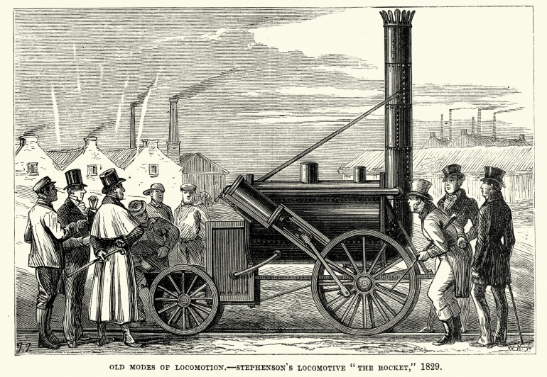 Ilustración de 'The Rocket', la locomotora de George y Robert Stephenson Ilustración de 'The Rocket', la locomotora de George y Robert Stephenson