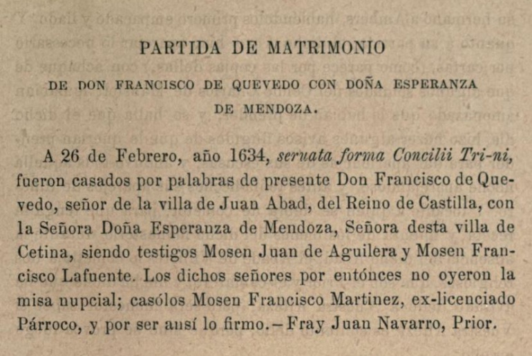 Partida de matrimonio de Francisco de Quevedo Partida de matrimonio de Francisco de Quevedo