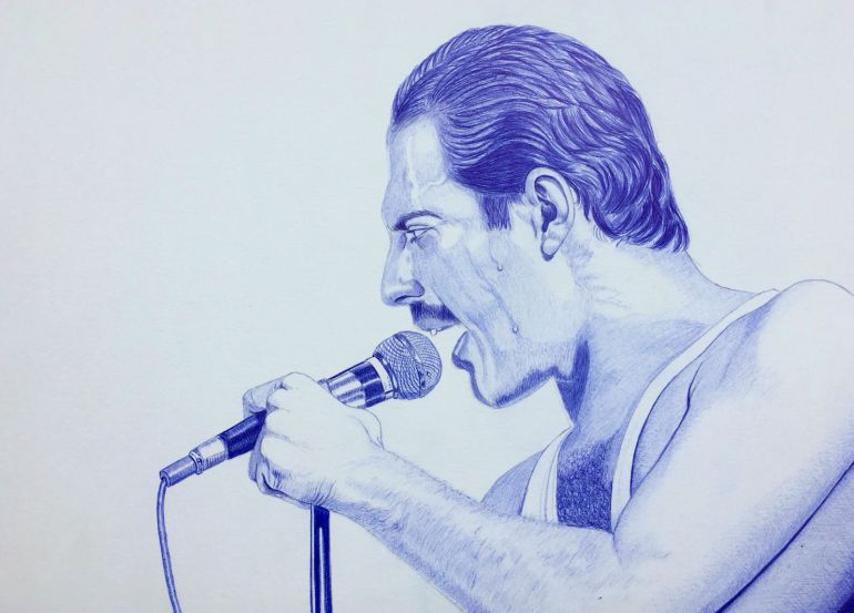 lustración de Freddie Mercury realizada en boligrafo para Sofá Sonoro lustración de Freddie Mercury realizada en boligrafo para Sofá Sonoro