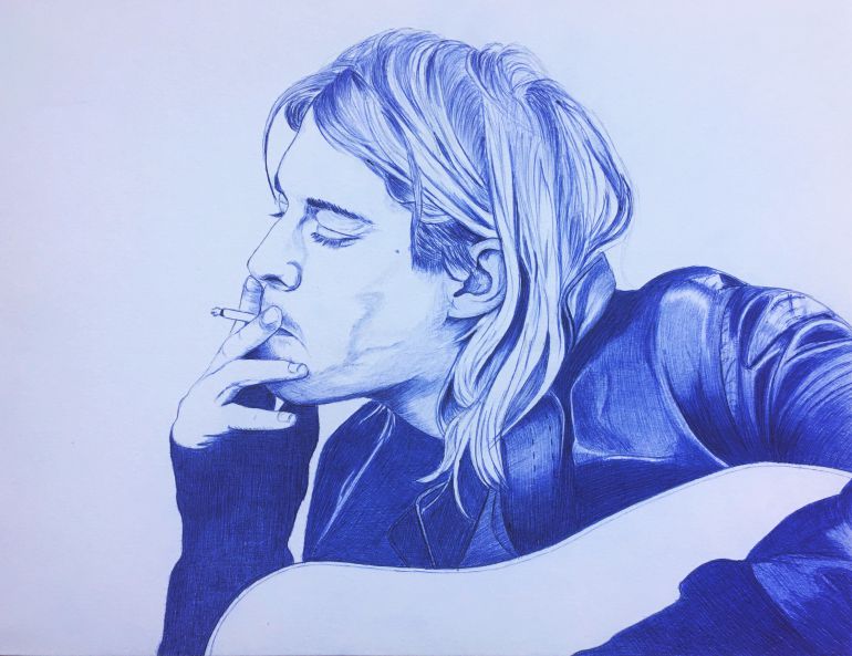 Ilustración de Kurt Cobain realizada a bolígrafo para Sofá Sonoro Ilustración de Kurt Cobain realizada a bolígrafo para Sofá Sonoro