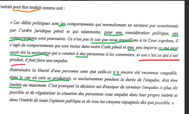 Extracto de la demanda que recogen las palabras de Llarena mal traducidas al francés. Extracto de la demanda que recogen las palabras de Llarena mal traducidas al francés.