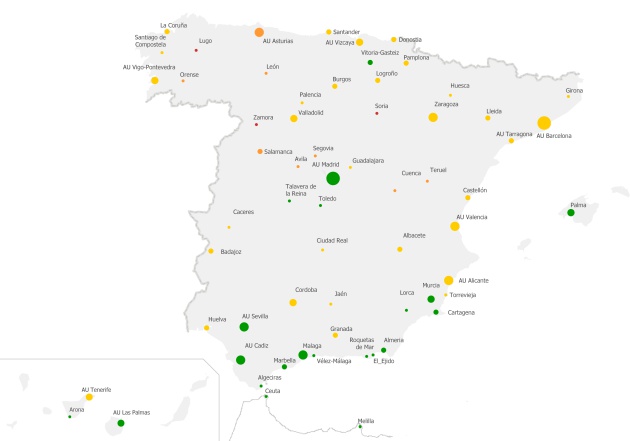 Mapa ODS 3 (salud y bienestar). Se marcan con los colores de los semáforos en verde las ciudades que aprueban y en rojo las que no alcanzan el objetivo Mapa ODS 3 (salud y bienestar). Se marcan con los colores de los semáforos en verde las ciudades que aprueban y en rojo las que no alcanzan el objetivo