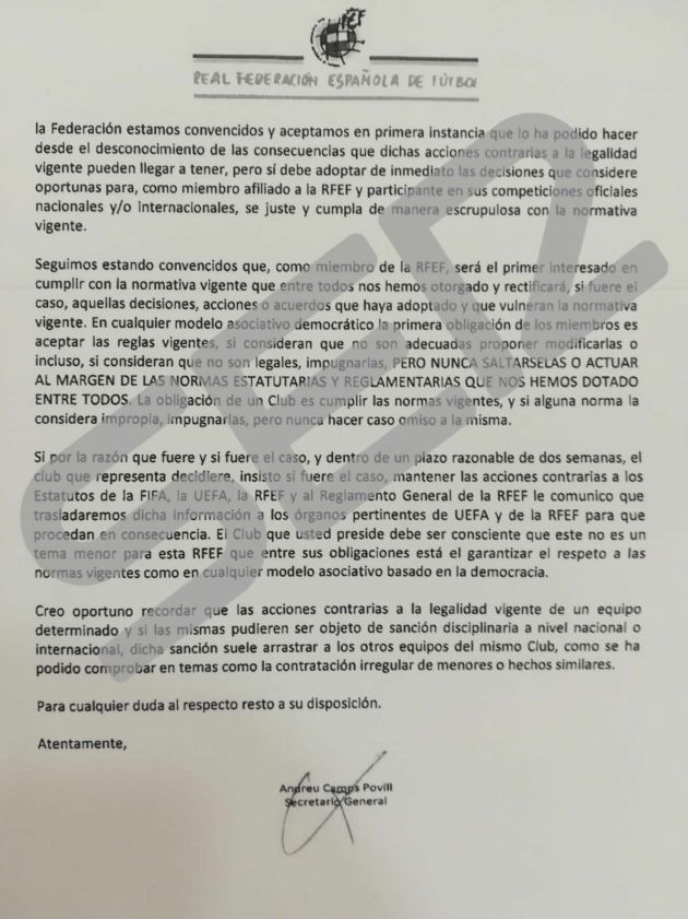 La carta que Andreu Camps ha mandado a los 14 clubes que no apoyan la iniciativa de la RFEF La carta que Andreu Camps ha mandado a los 14 clubes que no apoyan la iniciativa de la RFEF