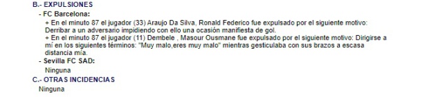 Apartado de expulsiones del acta arbitral del partido entre el FC Barcelona vs Sevilla Apartado de expulsiones del acta arbitral del partido entre el FC Barcelona vs Sevilla