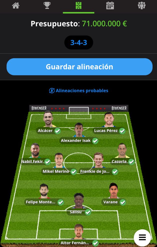 El equipo de 'El Larguero' para esta jornada de Biwenger El equipo de 'El Larguero' para esta jornada de Biwenger