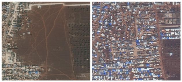 Comparativa de un campamento de desplazados en Idlib en 2017 (izq) y 2019 (dch) Comparativa de un campamento de desplazados en Idlib en 2017 (izq) y 2019 (dch)