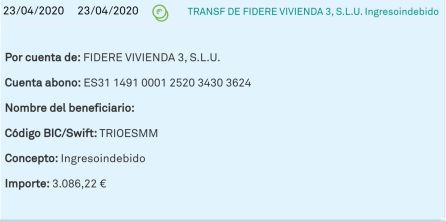 Resguardo del ingreso superior a 3.000 euros, aportado por una de las inquilinas de Torrejón de Ardoz. Resguardo del ingreso superior a 3.000 euros, aportado por una de las inquilinas de Torrejón de Ardoz.