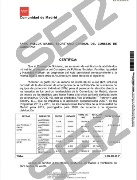 Detalle del contrato adelantado por la SER en el que figuran los precios pagados por las mascarillas a las empresas adjudicatarias. Detalle del contrato adelantado por la SER en el que figuran los precios pagados por las mascarillas a las empresas adjudicatarias.