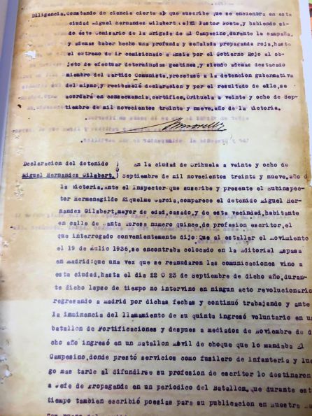 Declaración de Miguel Hernández en Orihuela Declaración de Miguel Hernández en Orihuela