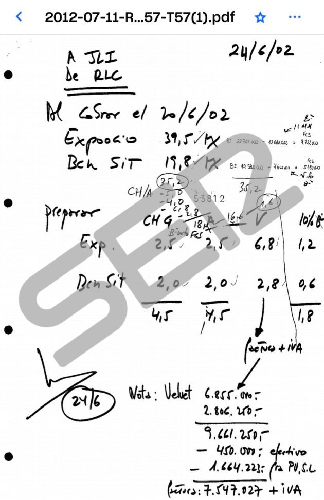 Hoja manuscrita intervenida en el despacho de Correa que contiene el detalle de las comisiones (en pesetas) pagadas a la empresa Velvet Comunicación, cuyo administrador único era Francisco García de Diego. Hoja manuscrita intervenida en el despacho de Correa que contiene el detalle de las comisiones (en pesetas) pagadas a la empresa Velvet Comunicación, cuyo administrador único era Francisco García de Diego.