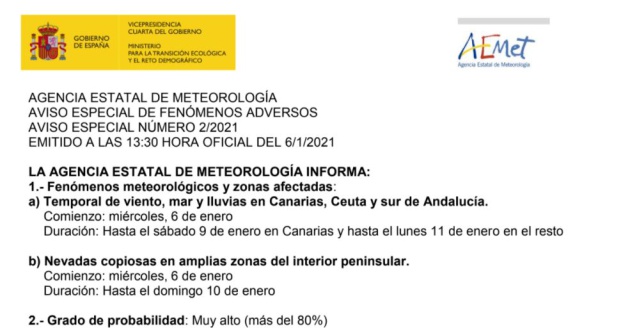 El aviso especial de Aemet del 6 de enero. El aviso especial de Aemet del 6 de enero.