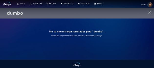 Pantalla con la búsqueda de 'Dumbo' en un perfil infantil Pantalla con la búsqueda de 'Dumbo' en un perfil infantil