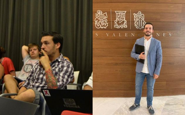 Roger Muñoz Navarro, a la izquierda, en una de las asambleas de Democracia Real Ya en 2011. A la derecha, en la actualidad. Roger Muñoz Navarro, a la izquierda, en una de las asambleas de Democracia Real Ya en 2011. A la derecha, en la actualidad.