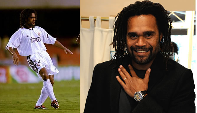 A la izquierda, Karembeu en su etapa como futbolista del Real Madrid. A la derecha, una de sus últimas imágenes, anunciando relojes de la marca Perrelet. A la izquierda, Karembeu en su etapa como futbolista del Real Madrid. A la derecha, una de sus últimas imágenes, anunciando relojes de la marca Perrelet.