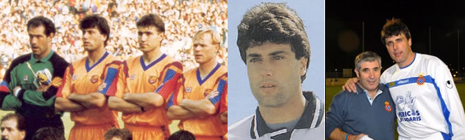 Nando posa junto a Zubizarreta, Julio Salinas y Koeman en el once de la final de Wembley (izquierda); en el centro, en su etapa en el Real Madrid; a la derecha, en un amistoso con la camiseta del Espanyol. Nando posa junto a Zubizarreta, Julio Salinas y Koeman en el once de la final de Wembley (izquierda); en el centro, en su etapa en el Real Madrid; a la derecha, en un amistoso con la camiseta del Espanyol.