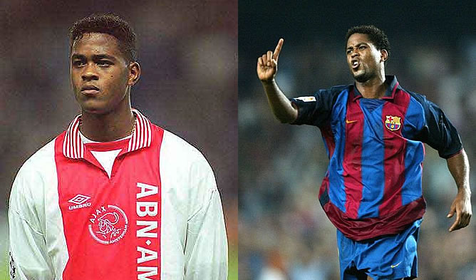A la izquierda, Kluivert vistiendo la camiseta del Ajax. A la derecha, Kluivert durante un partido con el Barcelona A la izquierda, Kluivert vistiendo la camiseta del Ajax. A la derecha, Kluivert durante un partido con el Barcelona