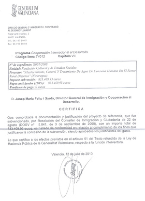 Documento que acredita la subvención otorgada por la Generalitat Valenciana a un proyecto de cooperación internacional en Nicaragua y que finalmente sirvió para la compra de inmuebles en Valencia Documento que acredita la subvención otorgada por la Generalitat Valenciana a un proyecto de cooperación internacional en Nicaragua y que finalmente sirvió para la compra de inmuebles en Valencia