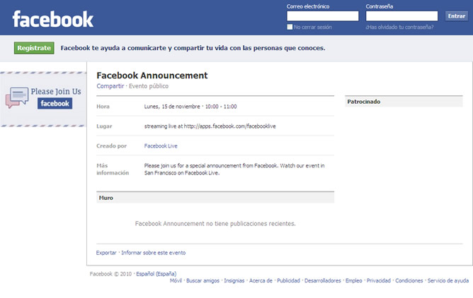 Facebook ha creado un "evento público" de su próximo anuncio. Facebook ha creado un "evento público" de su próximo anuncio.