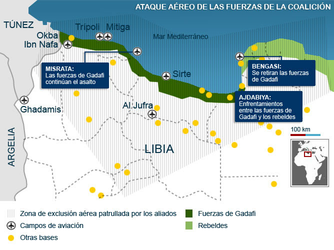 Mapa de los enfrentamientos en Libia entre fuerzas leales y la coalición y los rebeldes Mapa de los enfrentamientos en Libia entre fuerzas leales y la coalición y los rebeldes