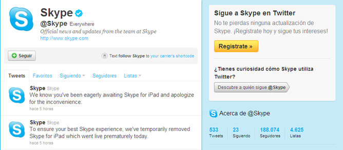 Skype reconocía su error y pedía disculpas a los usuarios: "Sabemos que han estado esperando ansiosamente Skype para iPad y le pedimos disculpas por las molestias" Skype reconocía su error y pedía disculpas a los usuarios: "Sabemos que han estado esperando ansiosamente Skype para iPad y le pedimos disculpas por las molestias"