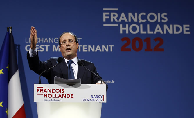 Francois Hollande, candidato socialista para las elecciones Presidenciales de 2012, en un discurso de campaña en Nancy Francois Hollande, candidato socialista para las elecciones Presidenciales de 2012, en un discurso de campaña en Nancy
