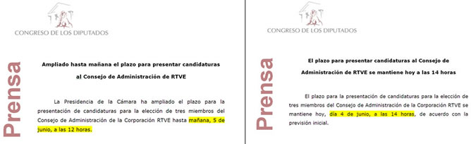 El plazo para presentar candidaturas al Consejo de Administración de RTVE se mantiene hasta las 14:00 de hoy, a pesar de que, en nota de prensa, se amplió el plazo anteriormente hasta mañana El plazo para presentar candidaturas al Consejo de Administración de RTVE se mantiene hasta las 14:00 de hoy, a pesar de que, en nota de prensa, se amplió el plazo anteriormente hasta mañana