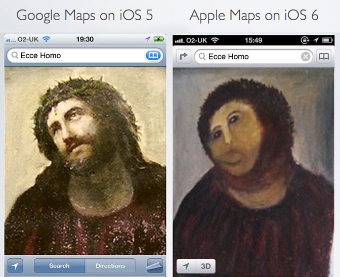 El portal All Things Digital, del grupo The Wall Street Journal, utilizó la popular imagen del "eccehomo" de Borja, en España, para comparar Apple Maps y Google Maps El portal All Things Digital, del grupo The Wall Street Journal, utilizó la popular imagen del "eccehomo" de Borja, en España, para comparar Apple Maps y Google Maps
