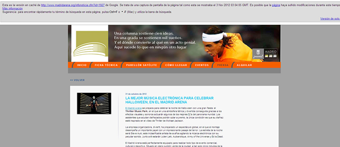 Captura de pantalla de la página web del Madrid Arena promocionando la fiesta de Halloween en la que murieron cuatro jóvenes y que fue borrada el día después de la fiesta Captura de pantalla de la página web del Madrid Arena promocionando la fiesta de Halloween en la que murieron cuatro jóvenes y que fue borrada el día después de la fiesta