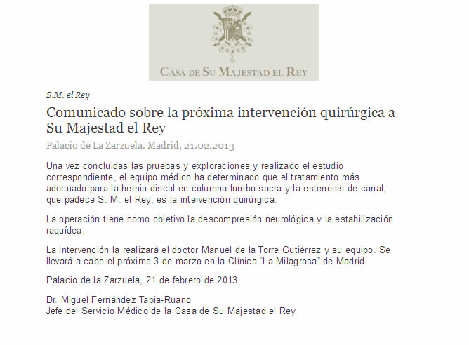 Comunicado sobre la próxima intervención quirúrgica a Su Majestad el Rey Comunicado sobre la próxima intervención quirúrgica a Su Majestad el Rey