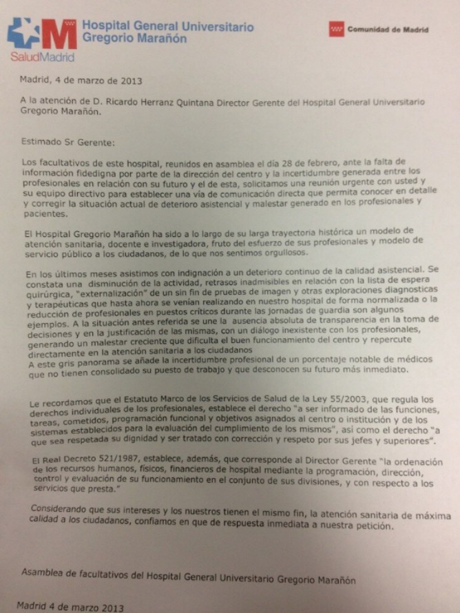 Imagen de la carta que los profesionales del Gregorio Marañón han entregado a la gerencia del hospital Imagen de la carta que los profesionales del Gregorio Marañón han entregado a la gerencia del hospital