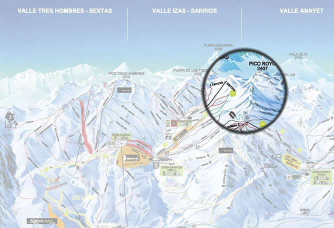 Fotografía facilitada por la estación de esquí de Formigal que muestra en un mapa, la conexión entre la zona de Anayet con la de Sarrios donde se ha producido el alud Fotografía facilitada por la estación de esquí de Formigal que muestra en un mapa, la conexión entre la zona de Anayet con la de Sarrios donde se ha producido el alud