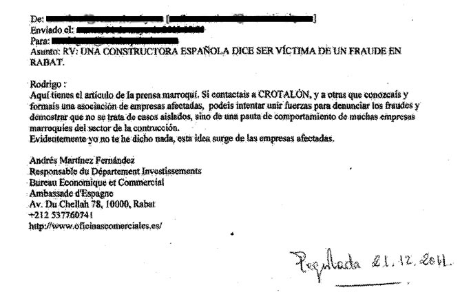 Contestación de la embajada española en Rabat a uno de los empresarios. Contestación de la embajada española en Rabat a uno de los empresarios.