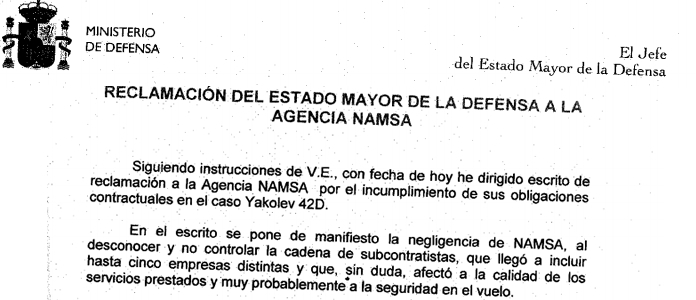 Captura de la reclamación del Estado Mayor de la Defensa a la Agencia NAMSA Captura de la reclamación del Estado Mayor de la Defensa a la Agencia NAMSA
