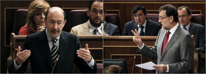 Alfredo Pérez Rubalcaba y Mariano Rajoy durante la sesión de control al Gobierno Alfredo Pérez Rubalcaba y Mariano Rajoy durante la sesión de control al Gobierno
