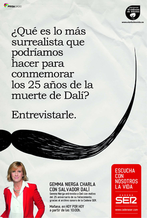 Gemma Nierga entrevista a Dalí con motivo del 25 aniversario de su fallecimiento gracias al archivo sonoro de la SER. Gemma Nierga entrevista a Dalí con motivo del 25 aniversario de su fallecimiento gracias al archivo sonoro de la SER.
