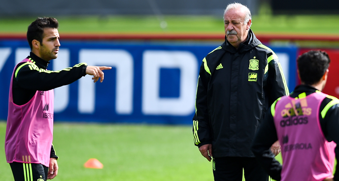 Del Bosque escucha impaciente las palabras de Cesc en el último entrenamiento en Curitiba. Del Bosque escucha impaciente las palabras de Cesc en el último entrenamiento en Curitiba.